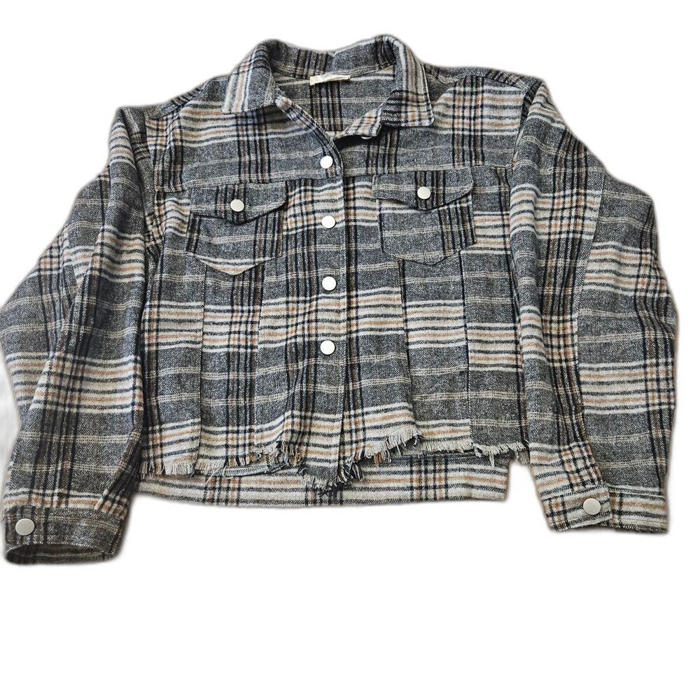 CLEARANCE - Altar'D State Destroyed Thick Plaid Flannel Shacket Abigail Crop M